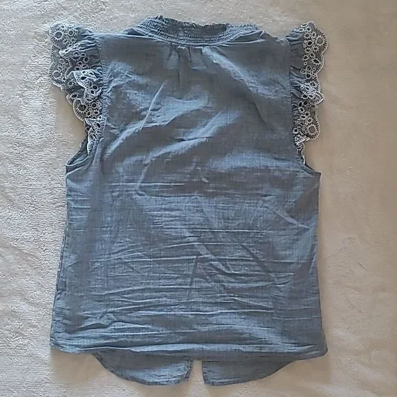 Express Jean Ruffle Sleeve Button Front Blouse Size S Boho Contemporary Style - Picture 8 of 13